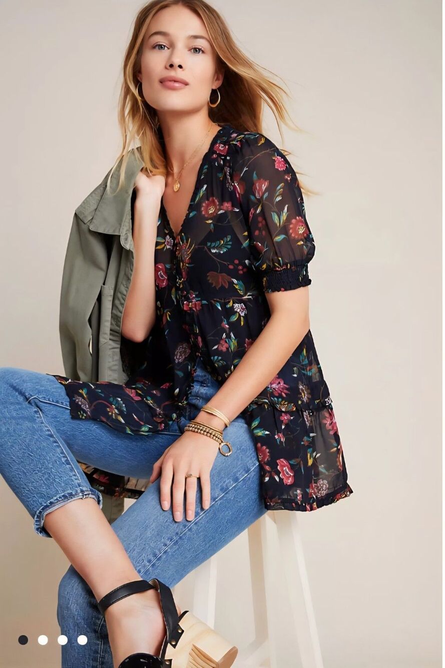 Anthropologie Salzburg Sheer Floral Tunic Boho Fairycore Puff Sleeve Blouse M - Picture 12 of 14